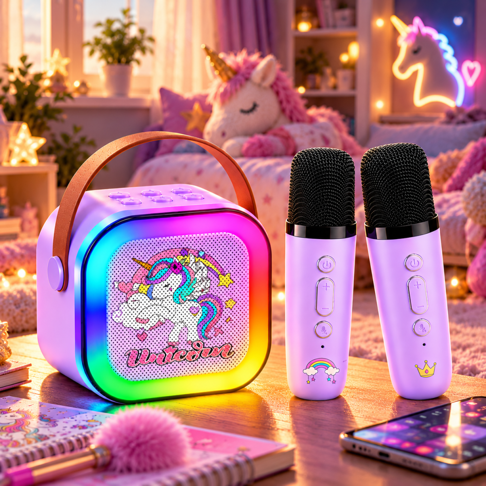 Дитяча караоке-система Unicorn з 2 бездротовими мікрофонами, RGB-підсвіткою, портативна, фіолетова Київ - фото 3