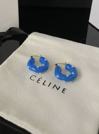 Брендові сережки Селін/Celine, позолота, сині/блакитні/Селен сережки маленьке кільце емаль блакитного кольору Одеса