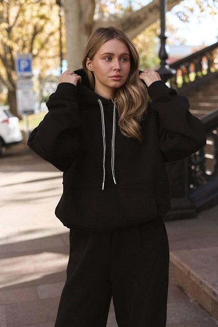 Жіночий теплий костюм двойка вільного крою тринитка на флісі Чорний Одеса - фото 7