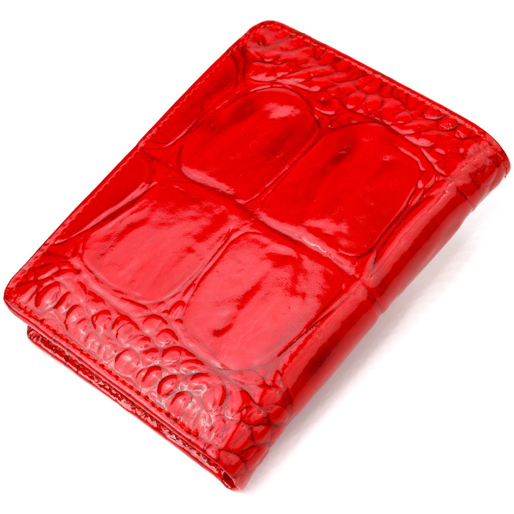 Лакированный вертикальный женский кошелек из натуральной кожи с тиснением под крокодила Красный (CANPELLINI) Киев - изображение 6