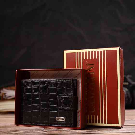 Фактурний невеликий чоловічий гаманець з натуральної шкіри з тисненням під крокодила Чорний (CANPELLINI) Київ