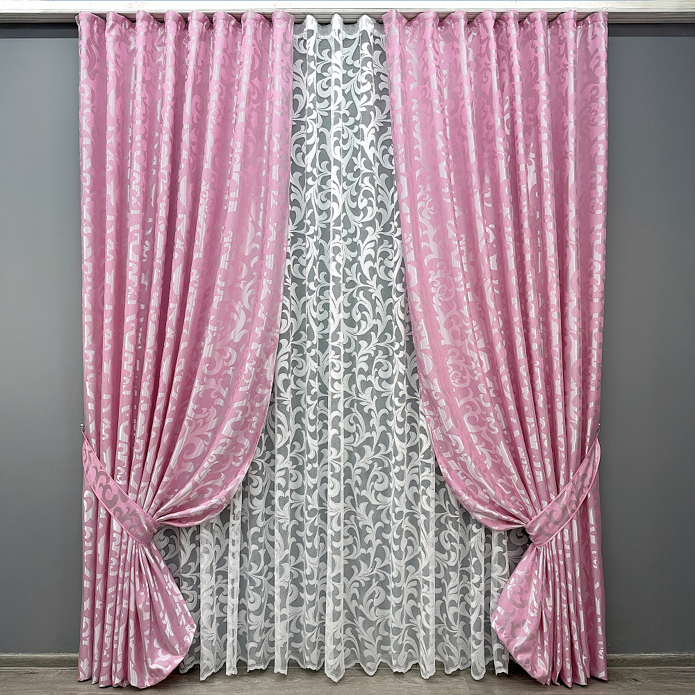 Комплект штор VR-Textil Жаккард Вензель 150х270 2шт и Тюль 500х270 476ш-1147т Розовый с белым 71-102/4 Киев - изображение 1