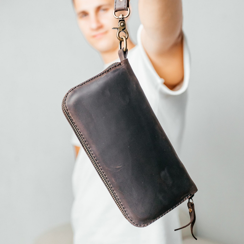 Чоловічий шкіряний гаманець, місткий клатч із відділеннями на блискавці, Crazy Horse, коричневийMasterSem Київ - фото 2