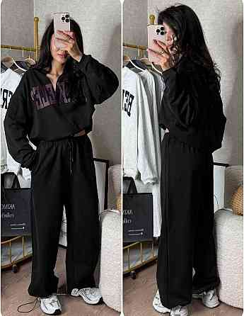 Женский повседневный спортивный оверсайз костюм двойка: кофта и штаны двунить Черный Одесса