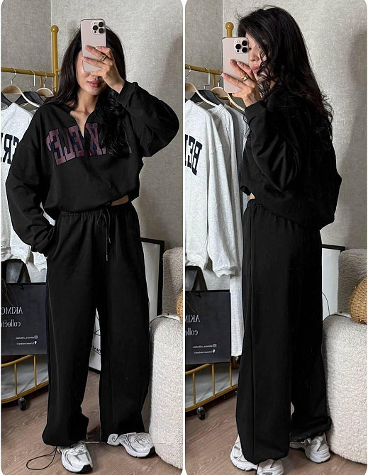 Женский повседневный спортивный оверсайз костюм двойка: кофта и штаны двунить Черный Одесса - изображение 1