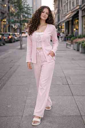 Женский базовый легкий костюм двойка: брюки и рубашка на завязках муслин Розовый, 46/48 Одесса