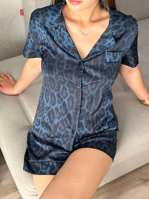 Піжама жіноча з сатину з шортами і сорочкою Синій Тваринні принти XS/S Харків - фото 3
