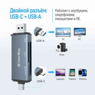 Зчитувач флеш-карт ColorWay USB 2.0/USB-C to CF/SD/MicroSD (CW-CR-01) Вінниця