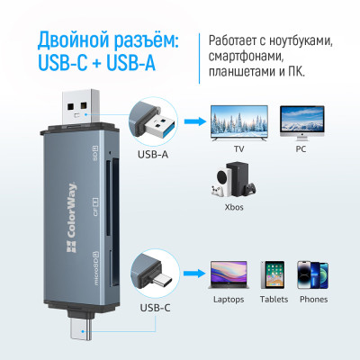 Зчитувач флеш-карт ColorWay USB 2.0/USB-C to CF/SD/MicroSD (CW-CR-01) Вінниця - фото 5