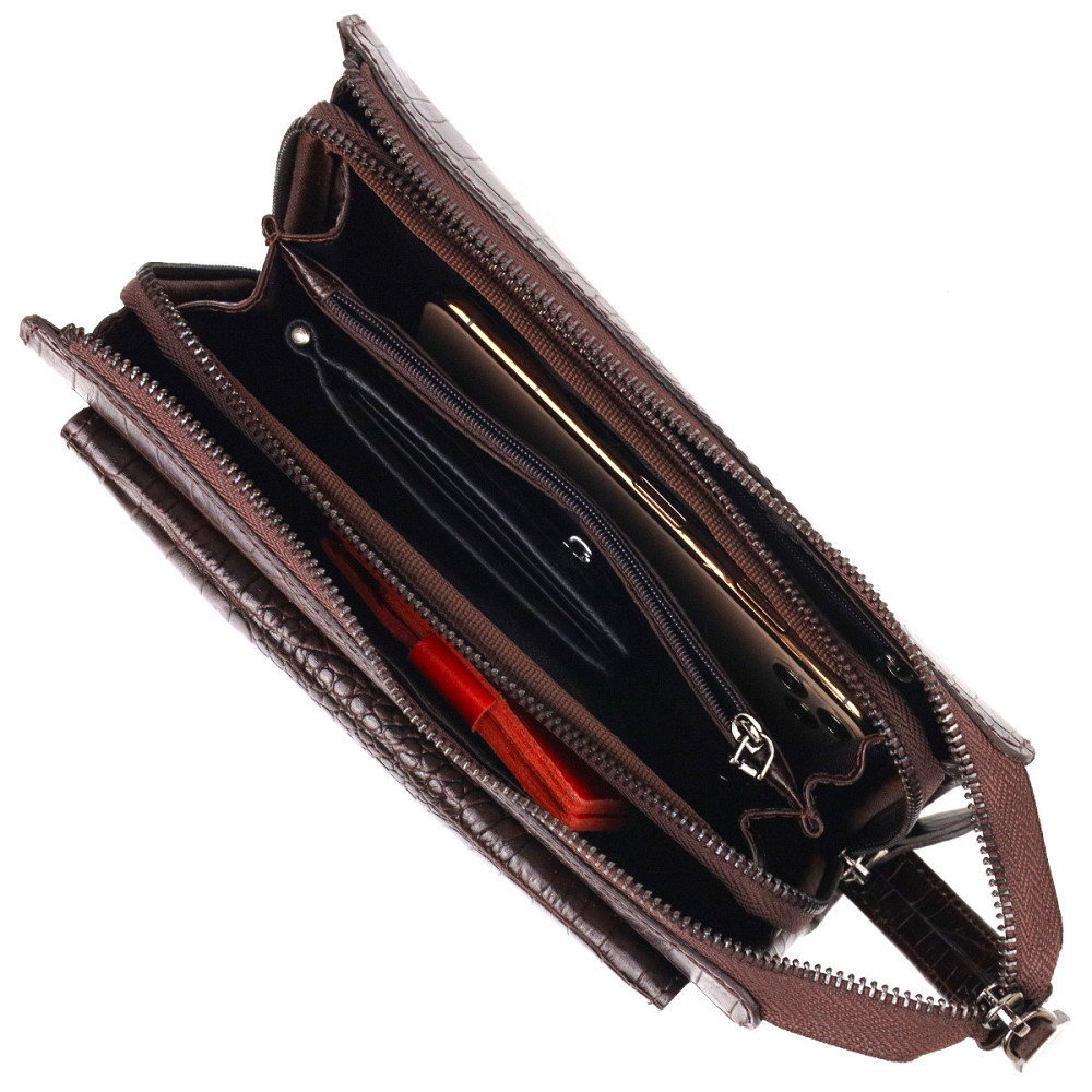 Удобный клатч для мужчин из натуральной фактурной кожи с тиснением под крокодила CANPELLINI 21561 Коричневый Киев - изображение 5