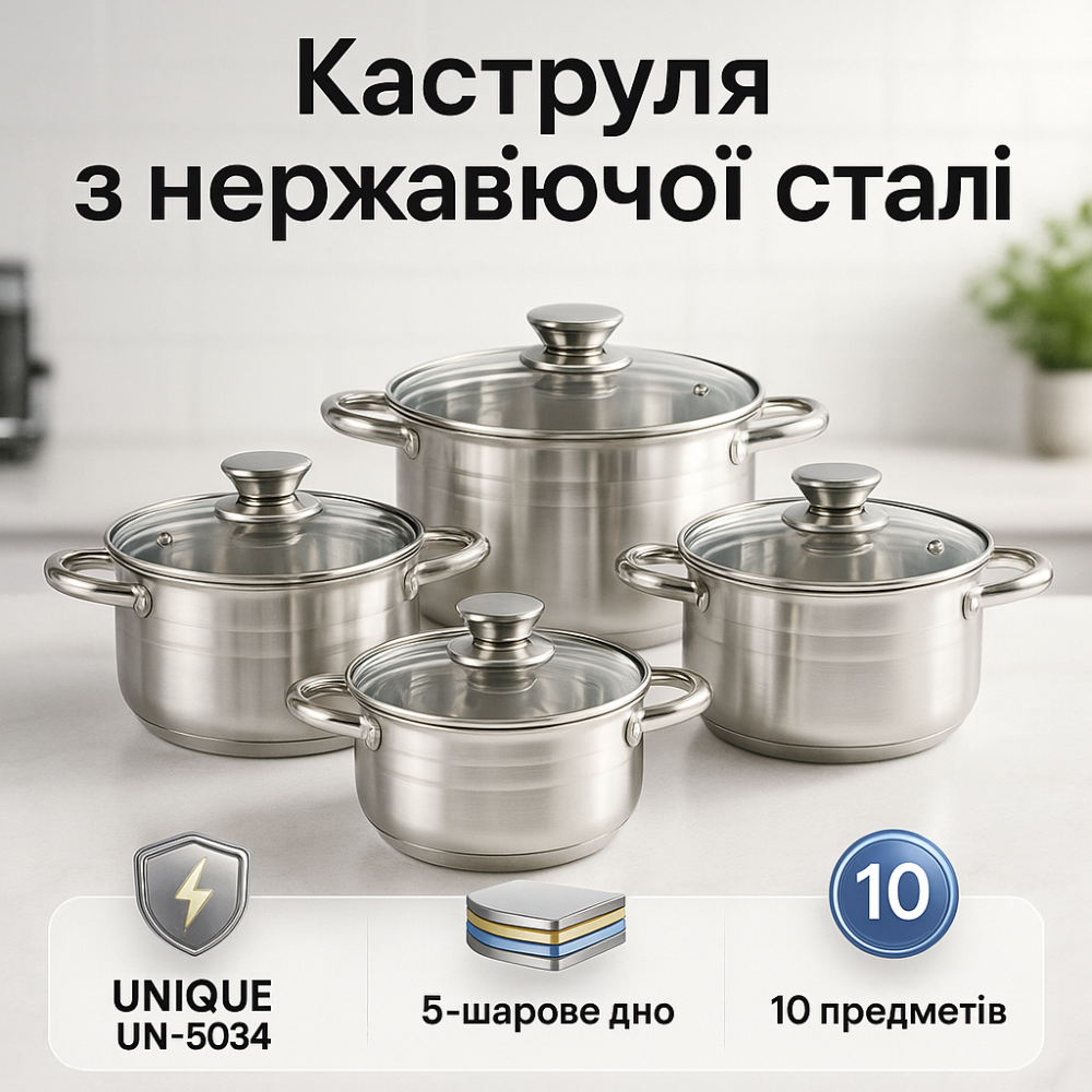 Набор кастрюль из нержавеющей стали UNIQUE, Наборы посуды для плиты, Набор посуды с ковшиком FD-69 Львов - изображение 6