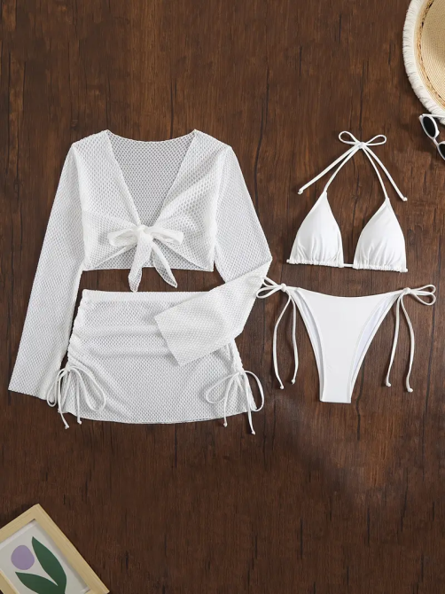 Купальник жіночий роздільний зі спідницею і накидкою Білий M Харків - фото 2