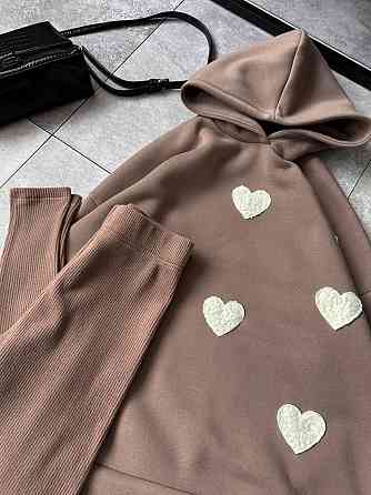 Жіночий теплий прогулянковий костюм-двійка з сердечками тринитка на флісі + ангора рубчик Моко, 46/48 Одеса