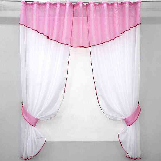Кухонные шторы VR-Textil № 084к с ламбрекеном и подвязками белый с розовым 280х170 см (52-0251) Киев
