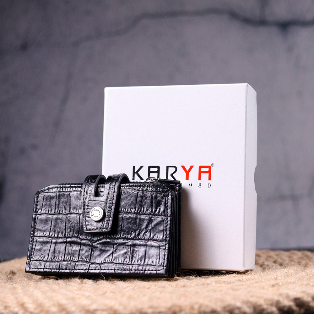 Удобный картхолдер из натуральной кожи с тиснением под крокодила KARYA 21331 Черный Киев - изображение 8