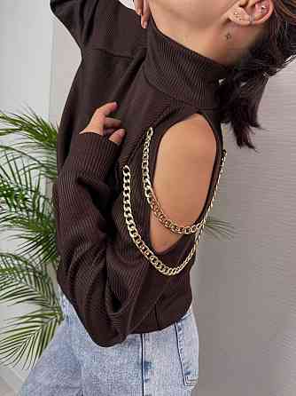 Стильный женский под горло свитер с цепочкой плотная ангора рубчик на флис Шоколад, 48/50 Одесса