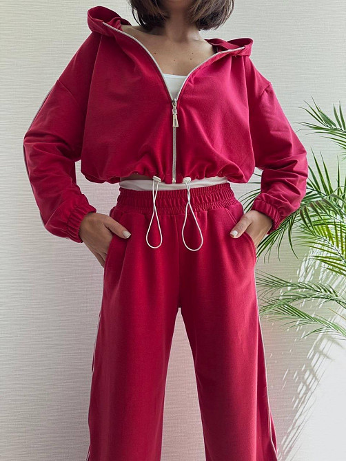 Женский прогулочный костюм тройка: кофта топ и штаны  двунить + микродайвинг Красный, 42/44 Одесса - изображение 1