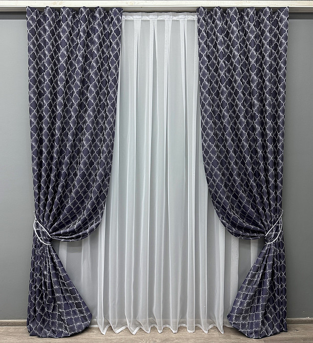 Комплект готових штор VR-Textil Жакард SAPFIR № 1751ш Темно-синій з молочним 150х300 см 2 шт (33-0715) Київ - фото 2