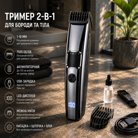 Триммер для бороды и тела мужской Береза, 1–10 мм, аккумуляторный USB, 7500 об/мин, LED-дисплей, мультитриммер Киев