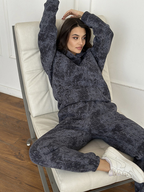 Теплый костюм женский мраморный принт на флисе Графитовый S-M Харьков - изображение 4