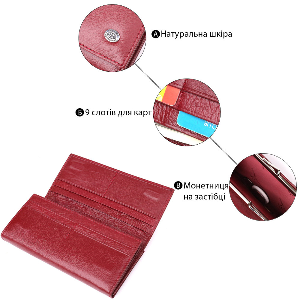 Елегантний гаманець для жінок з монетницею із натуральної шкіри ST Leather 23107 Бордовий Київ - фото 4