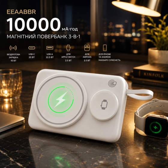 Магнитный повербанк EEAABBR 10000 мА·ч 3-в-1, беспроводная зарядка 15 Вт, USB-C 20 Вт, USB-A 22.5 Вт, для iPhone, Apple Watch Киев