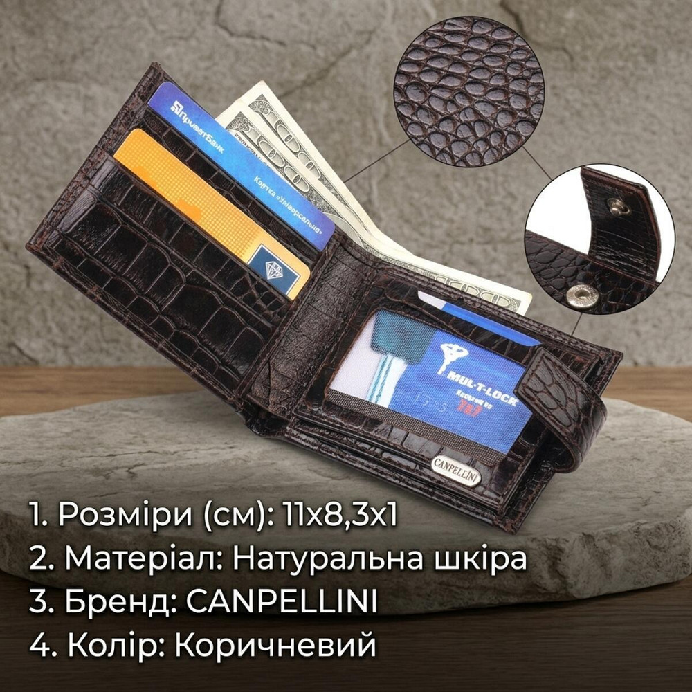 Оригінальний чоловічий гаманець із натуральної фактурної шкіри CANPELLINI 21513 Коричневий Київ - фото 13