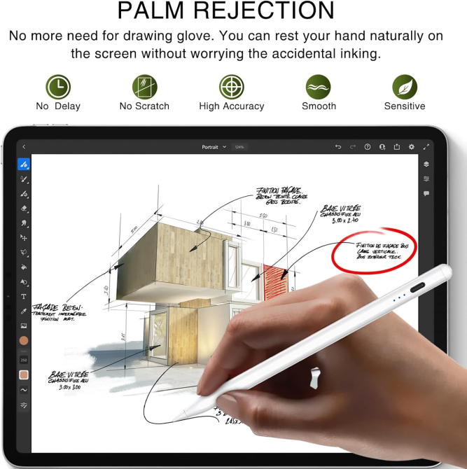 Стилус HATOKU ID732 для iPad 2018–2025, Palm Rejection, Tilt, магнітний, USB-C, зарядка 15 хв, білий Київ - фото 8