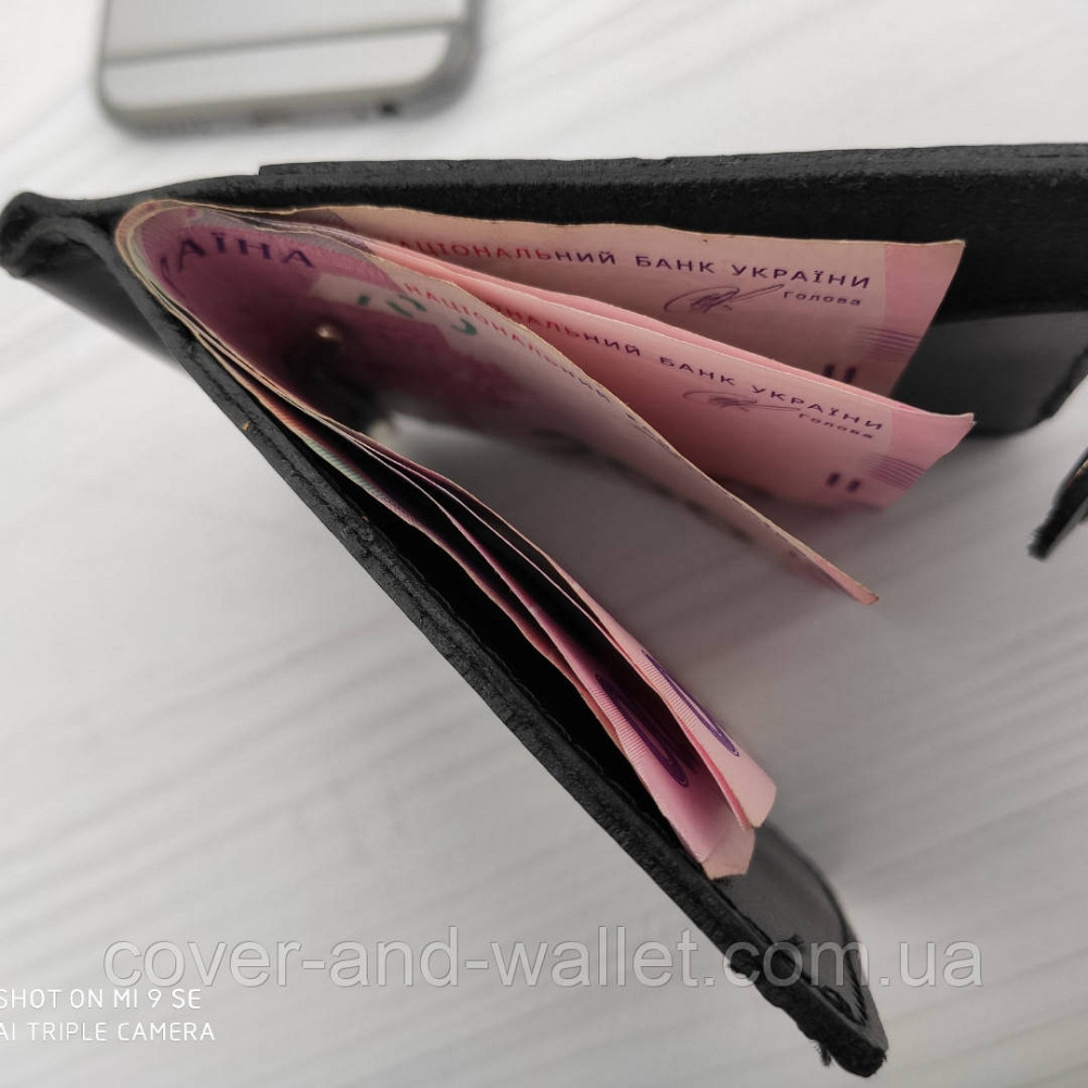 Затискач для грошей на кнопці із вінтажної шкіри чорного кольору Puos Київ - фото 10