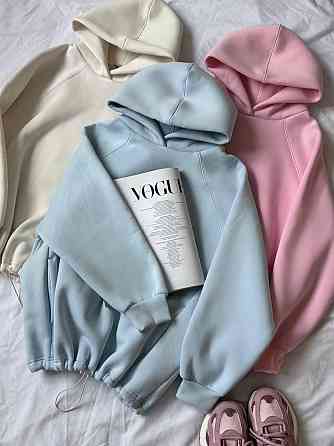 Жіноча тепла оверсайз худі з куліскою турецька тринитка пеньє бавовна Блакитна Одеса