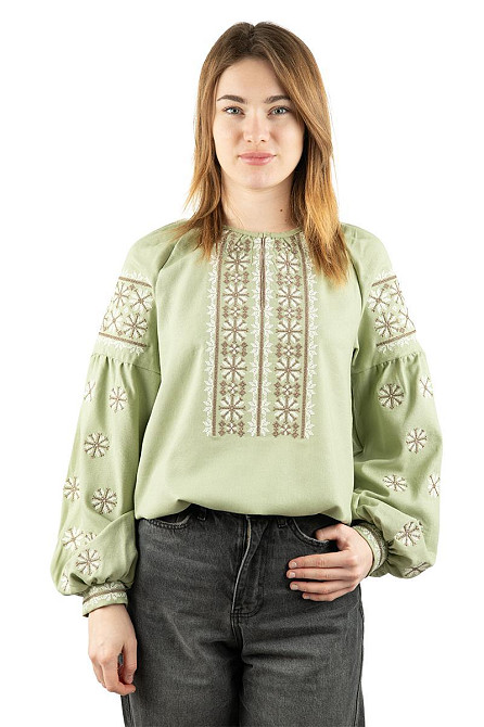 Вышиванка женская с длинным рукавом  льняная, оливковая топ Киев - изображение 4