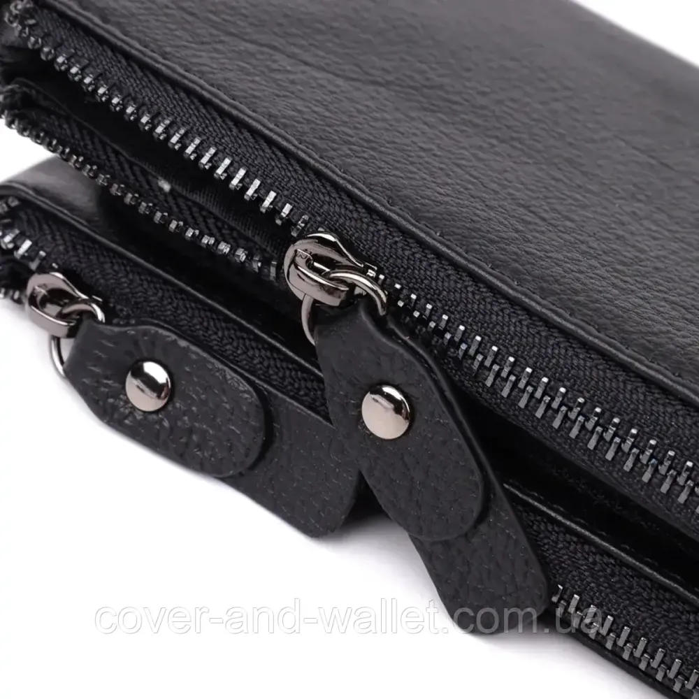 Чорний шкіряний гаманець-клатч на три відділення з ремінцем на зап'ясті ST Leather Київ - фото 3
