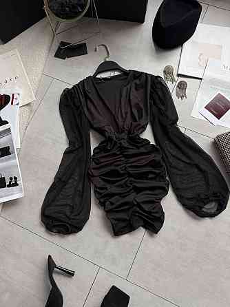 Женское драпированное черное мини платье микродайвинг + сетка 46/48 Одесса