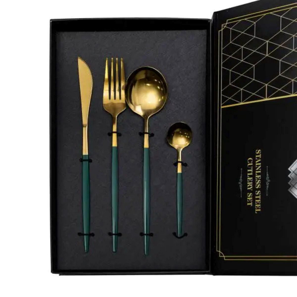 Набор столовых приборов 24 предмета столовый набор на 6 персон Золотистый с зеленым HP-20-48 Киев - изображение 3