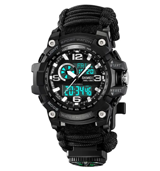 Годинник чоловічий спортивний наручний Skmei 1283 з паракордовим ремінцем (Чорний) Київ - фото 2