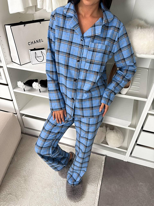 Женская домашняя повседневная в клетку пижама с фланели. черно-голубой, 42/44 Одесса - изображение 1
