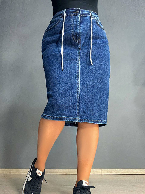 Спідниця жіноча джинсова Vanver 8237 резинка шнурок з розрізом варена міді синя, синій, 33, 33, 92 см, 118 см Київ - фото 1