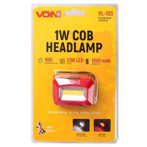 Налобный фонарь VOIN VL-103 с 1W COB светодиодом (W/R), аккумулятор 1200mAh, регулируемый наклон Харьков