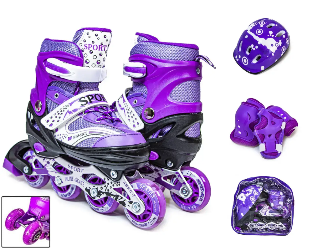 Комплект роликов (с переставными колесами) с защитой и шлемом Happy. Фиолетовый цвет. Размер 29-33 Одесса - изображение 1