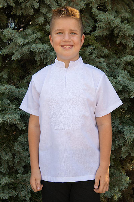 Вышиванка льняная, мужская, с гербом, белая,короткий рукав, лен, топ Киев - изображение 6