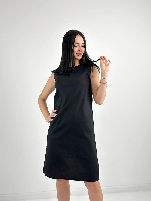 Лляне плаття міді "Viki" оптом | Розпродаж моделі Чорний, 42-44 Київ - фото 1