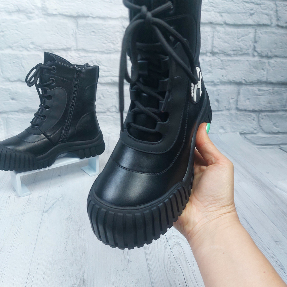 Детские зимние черные ботинки  для девочек с тракторной подошвой и шнуровкой  32,34,37 Николаев - изображение 4