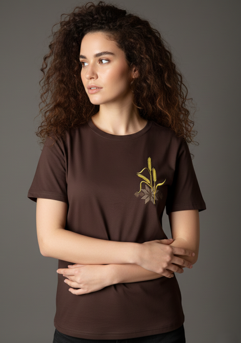 Жіноча вишита футболка вишиванка кольору темний-шоколад з коричневим орнаментом Київ - фото 2
