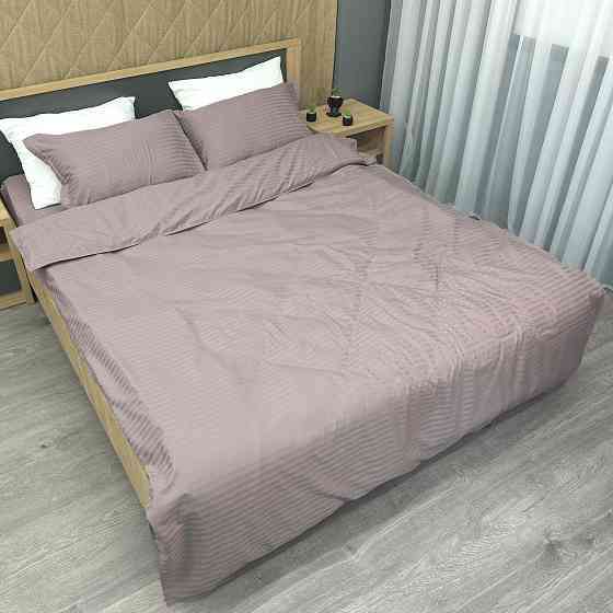 Комплект постельного белья Страйп-сатин Двуспальный 180х220 с простыней на резинке Лилово-серый (88-100) Киев