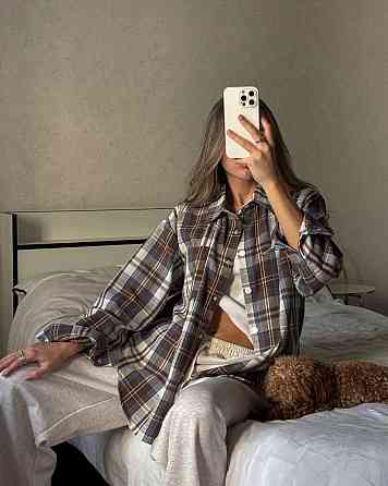 Женская трендовая оверсайз рубашка в клетку турецкий поликотон Мокко Одесса