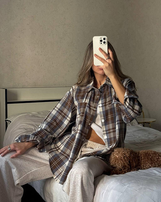 Женская трендовая оверсайз рубашка в клетку турецкий поликотон Мокко Одесса - изображение 3