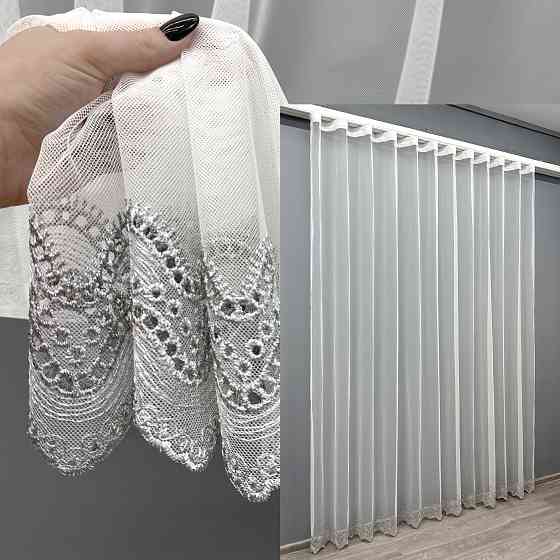 Тюль VR-Textil 1830т Грек-сетка с вышивкой и люрексом цвет Молочный с серым 300х270 см (42-0816) Киев