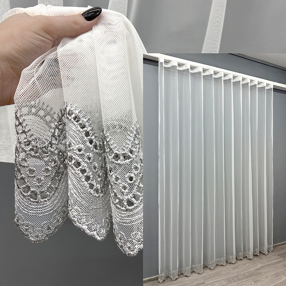 Тюль VR-Textil 1830т Грек-сетка с вышивкой и люрексом цвет Молочный с серым 300х270 см (42-0816) Киев - изображение 1