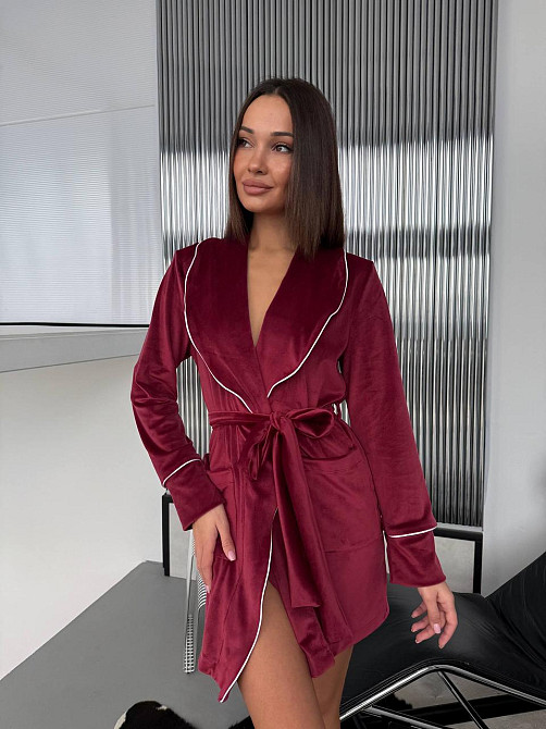 Женский велюровый короткий халат на запах с карманами Бургунди Одесса - изображение 4
