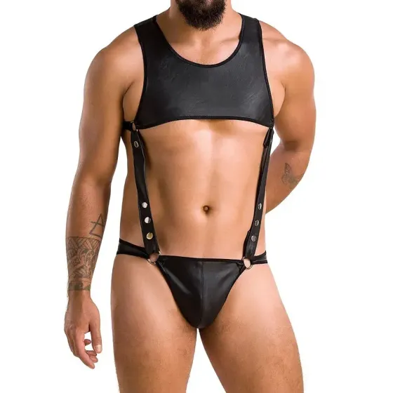 Чоловіче шкіряне боді Passion 056 ADAM L/XL Black, заклепки Львів